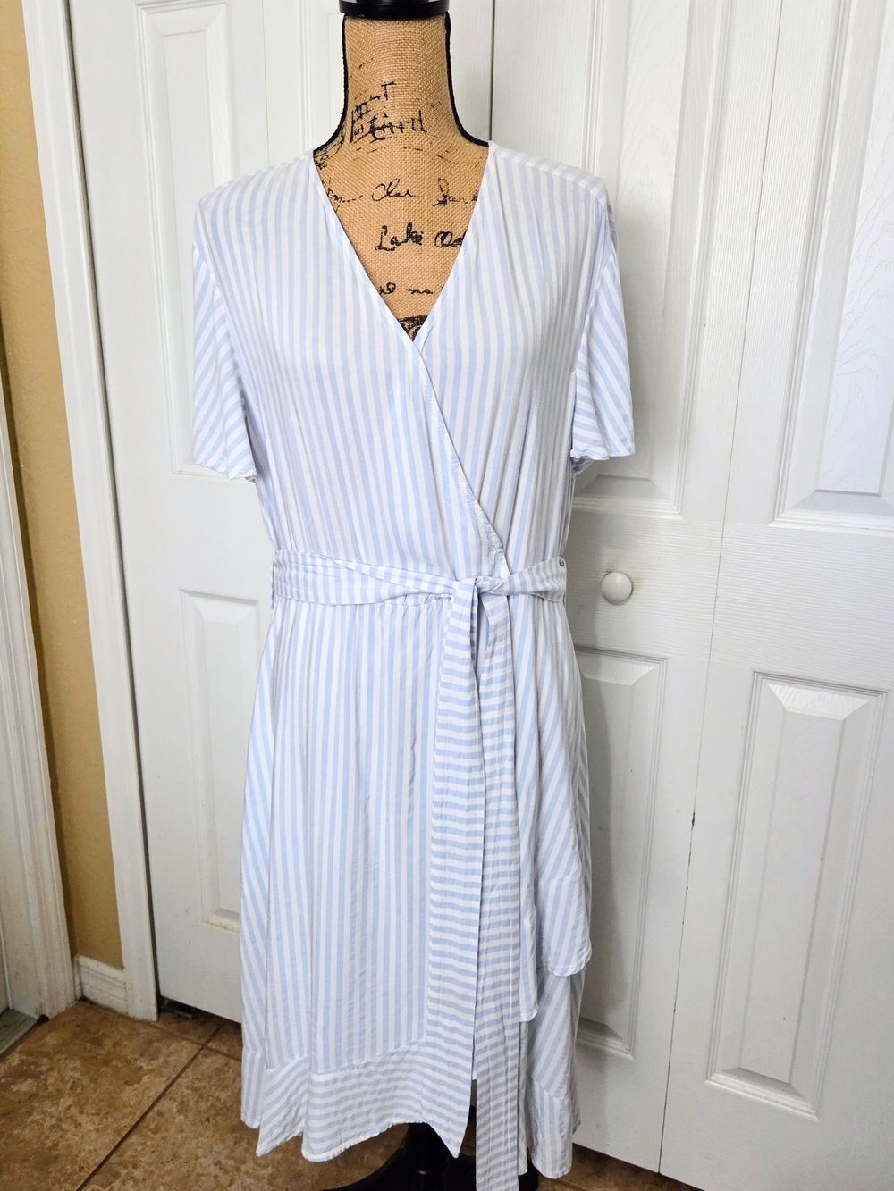 Torrid Light Blue Stripe Wrap Dress with Tie Waist
